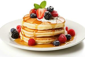 ai generato Pancakes servito con sciroppo e frutta su bianca piatto foto