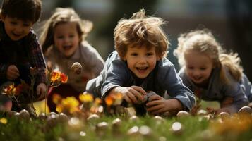 ai generato gruppo di bambini giocando con Pasqua uova e fiori nel il giardino foto