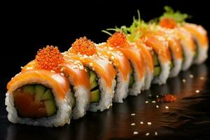 ai generato Sushi rotolo con salmone caviale e cetriolo, artistico ricreazione di Sushi rotoli con salmone e bianca riso con un' puntuale luce, ai generato foto