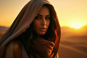 ai generato ritratto di un' giovane Arabo donna nel un' hijab nel il deserto contro il tramonto, arabo donne viso il tramonto ai generato foto