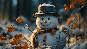 ai generato sorridente pupazzo di neve nel inverno foresta, un' allegro celebrazione di neve generato di ai foto