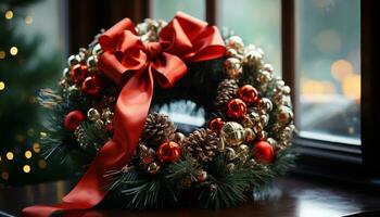 ai generato Natale albero decorato con ornamenti e i regali, festeggiare il stagione generato di ai foto