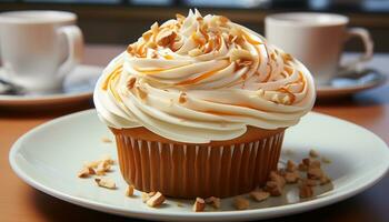 ai generato fatti in casa Cupcake con frustato crema e cioccolato glassatura su tavolo generato di ai foto