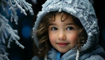 ai generato sorridente bambino nel inverno, giocando nel neve, gioioso e carino generato di ai foto