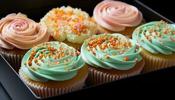 ai generato un' piatto di colorato cupcakes, un' dolce indulgenza per celebrazioni generato di ai foto