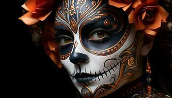 ai generato un' donna bellezza nel un' Halloween maschera, eleganza personificato generato di ai foto