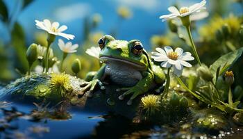 ai generato un' carino rospo seduta su un' bagnato foglia nel natura generato di ai foto