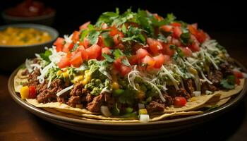 ai generato freschezza su un' piatto taco, guacamole, manzo, pomodoro, coriandolo, tortilla generato di ai foto