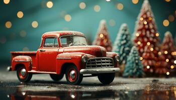 ai generato Vintage ▾ auto guida attraverso nevoso notte, illuminato con faro generato di ai foto