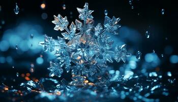 ai generato brillante blu fiocco di neve si illumina nel sfocato inverno celebrazione fondale generato di ai foto