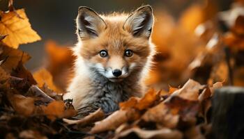 ai generato carino rosso Volpe cucciolo seduta nel autunno foresta, guardare giocoso generato di ai foto