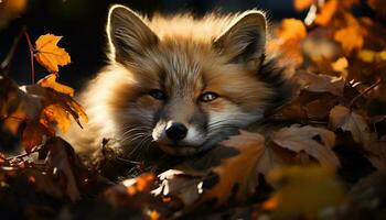 ai generato carino cucciolo seduta nel autunno foresta, guardare a telecamera generato di ai foto