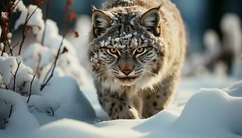 ai generato neve leopardo fissando, inverno bellezza nel natura generato di ai foto