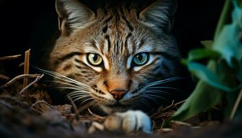 ai generato carino gattino fissando, pelliccia a strisce, natura bellezza generato di ai foto