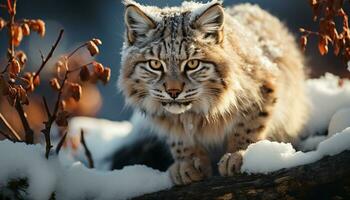 ai generato maestoso lince rossa nel inverno foresta, guardare carino generato di ai foto