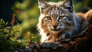 ai generato carino lince rossa seduta su ramo, fissando a telecamera generato di ai foto