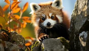 ai generato carino rosso panda seduta su ramo nel foresta generato di ai foto