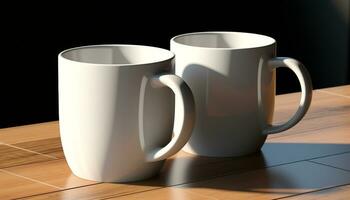 ai generato vuoto caffè tazza su di legno tavolo nel moderno cucina generato di ai foto