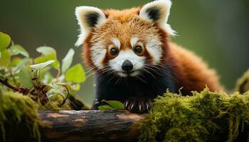 ai generato carino piccolo panda seduta su ramo, guardare a telecamera generato di ai foto