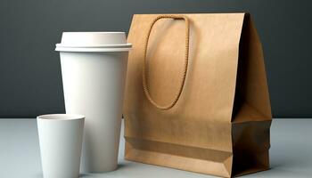 ai generato caffè tazza, carta Borsa, cartone, monouso, confezione, prendere su cibo, shopping Borsa generato di ai foto