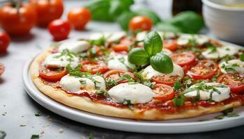 ai generato freschezza su piatto, fatti in casa Pizza, salutare vegetariano pasto generato di ai foto