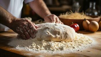 ai generato fatti in casa Impasto su di legno tavolo, preparazione fresco pane generato di ai foto