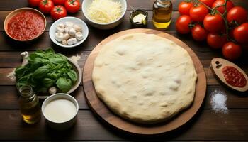 ai generato fresco fatti in casa Pizza con Mozzarella, pomodoro, e erbe aromatiche generato di ai foto
