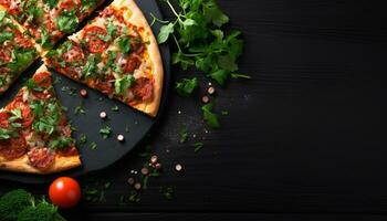 ai generato appena al forno Pizza con Mozzarella, pomodoro, e erbe aromatiche generato di ai foto