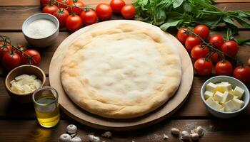 ai generato fresco pomodoro Pizza su di legno tavolo, fatti in casa e salutare generato di ai foto