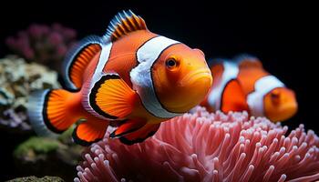 ai generato vicino su di vivace clown pesce nuoto nel corallo scogliera generato di ai foto