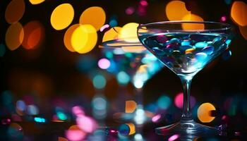 ai generato discoteca celebrazione, Martini bicchiere illuminato con vivace colori generato di ai foto