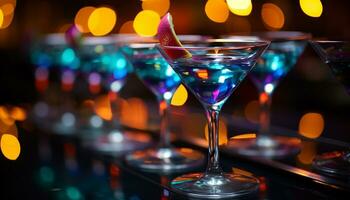 ai generato discoteca celebrazione, Martini bicchiere illuminato, rinfrescante cocktail scrosciante generato di ai foto