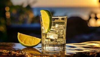 ai generato rinfrescante cocktail con lime, Ghiaccio, e agrume fetta generato di ai foto