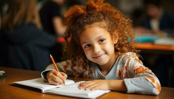 ai generato sorridente scuola bambini studiando al chiuso, allegro e carino generato di ai foto