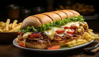 ai generato grigliato Manzo Sandwich con patatine fritte, un' buongustaio pasto generato di ai foto