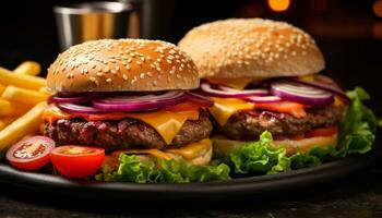 ai generato grigliato Manzo hamburger con formaggio, pomodoro, e cipolla generato di ai foto