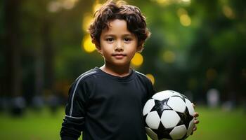 ai generato sorridente ragazzi giocando calcio, carino e allegro generato di ai foto