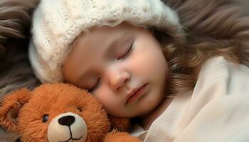 ai generato carino bambino dormendo, abbracciato di morbido orsacchiotto orso generato di ai foto