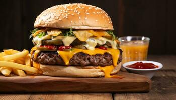 ai generato grigliato hamburger con formaggio, patatine fritte, e pomodoro generato di ai foto