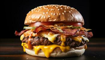 ai generato grigliato buongustaio hamburger al formaggio su di legno tavolo, fresco e delizioso generato di ai foto