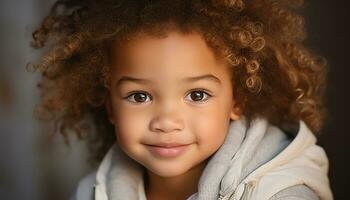 ai generato sorridente bambino con Riccio capelli, felicità guardare a telecamera generato di ai foto