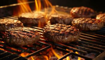 ai generato grigliato carne su fuoco, un' buongustaio estate pasto generato di ai foto