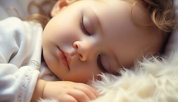 ai generato carino bambino ragazza dormendo, innocenza e felicità generato di ai foto