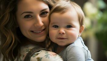 ai generato sorridente madre abbraccia carino bambino, radiante amore generato di ai foto