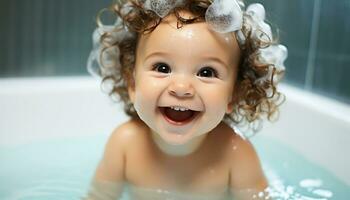 ai generato sorridente bambino gode pieno di bolle bagno nel domestico bagno generato di ai foto