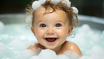 ai generato sorridente bambino nel vasca da bagno gode pieno di bolle bolla bagno generato di ai foto