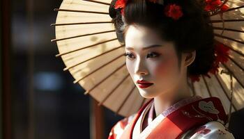 ai generato bellissimo geisha nel tradizionale vestiario, eleganza personificato generato di ai foto