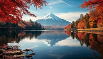 ai generato autunno montagna paesaggio, tranquillo riflessione nel acqua generato di ai foto