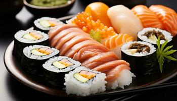 ai generato freschezza e culture su un' piatto di maki Sushi generato di ai foto