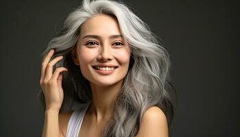 ai generato sorridente donna con lungo biondo capelli e bellezza generato di ai foto